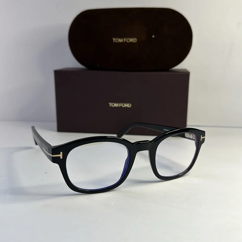 New - Authentic Tom Ford TF5808-B 001 Eyeglasses Men's Shiny Black/Blue Block …
